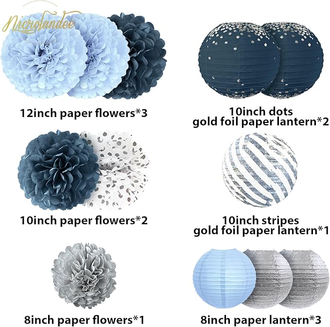 NICROLANDEE Dusty Blue Wedding Decorations, 12 PCS Blue Grey Tissue Pom Poms Paper Lanterns Decor for Birthday, Bridal Shower, Baby Shower, Bachelorette Party Hanging Decoration Supplies