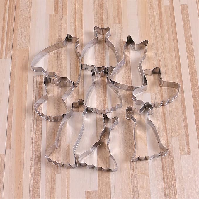 Mini Dress Cookie Cutter Set of 9 pcs, Stainless Steel Mini ONE-BITE SIZE Wedding Dress Shaped Fondant Cutters Baking Molds