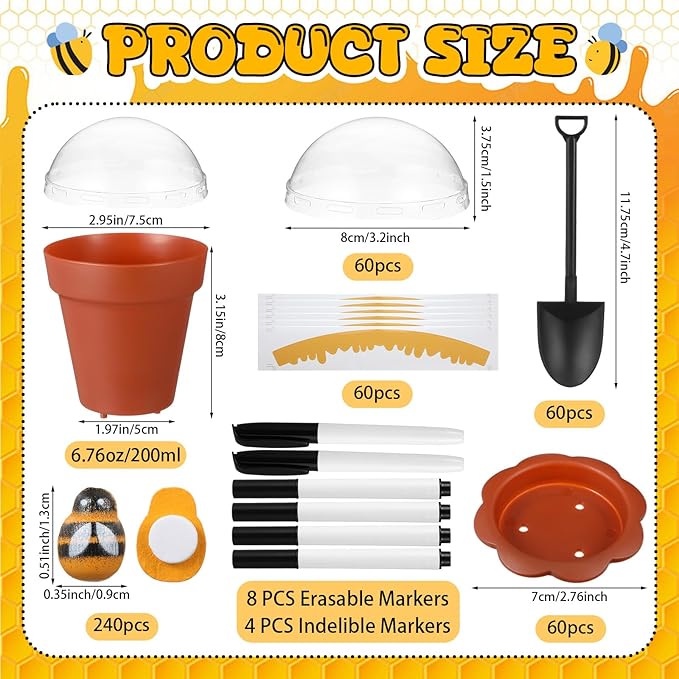 60 Sets Mini Honey Bee Pots with Lids, Spoon, Saucers and Bee Charms, 6.76 OZ Plastic Honey Jars for Cupcake Dessert Themed Party Favor Planter Baby Shower Birthday Wedding Decoration (Brown)