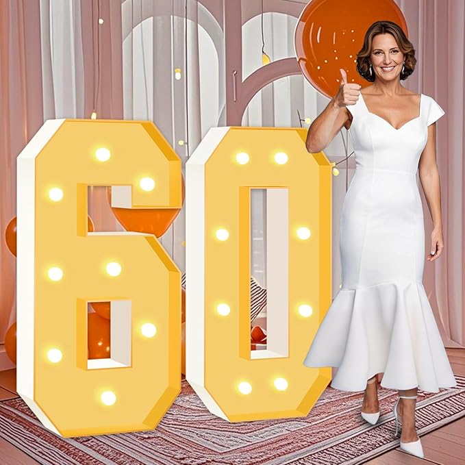 3FT Marquee Numbers 60, Large Light Up Numbers 60th Birthday Decorations for Her Him, Cardboard Numbers for Women Men Seniors Anniversary Party Decor Backdrop, DIY Foam Board Mosaic Number Sign