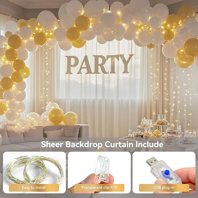 10×8ft Tulle Backdrop Curtains with Lights String - 300LED Fairy Lights Sheer Curtain Backdrop for Weddings Baby Shower and Birthday Party Decorations(8 Panels 5×8ft)