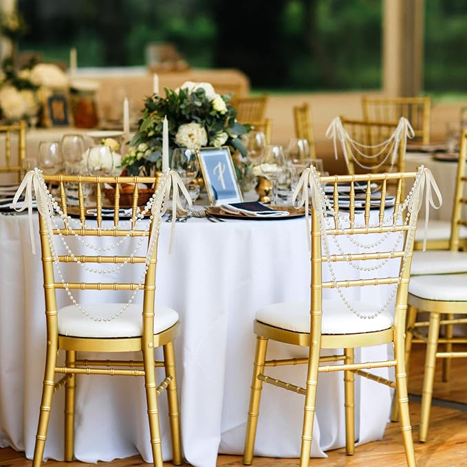 16 Pcs Wedding Pearl Bow Chair Decor Satin Ribbon Bows with Pearl Beaded String Garland Aisle Chair Sashes Decorations for Ceremony Coquette Party Banquet Decor (Ivory)