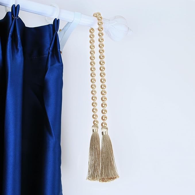 Fenghuangwu 34 Inch Pearl Glass Bead Garland with Tassels - Elegant Boho Table Decor, Fringe Wall Hanging for Wedding, Party, Farmhouse Rustic Prayer Bead Home Decoration(2 Pack,Champagne Gold)