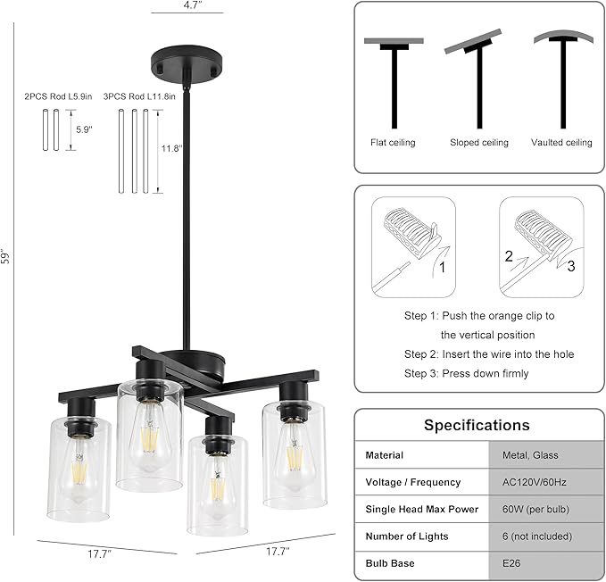 4-Light Modern Farmhouse Black Chandelier, Dining Room Light Fixture Over Table Adjustable Height Hanging Industrial Pendant Lights Kitchen Island, Clear Glass Shade
