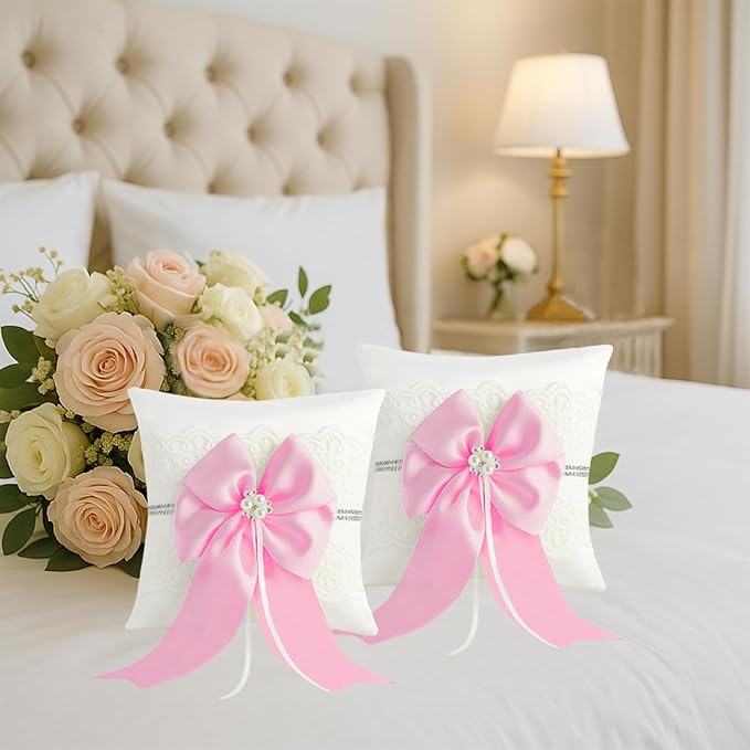 Wedding Ring Bearer Pillow: 8.2 x 8.2 Inch Ivory Satin Lace Cushion with Pink Pearl Bow for Ceremony Vows - Secure Ring Holder for Flower Boy or Girl (Pink – 2 Pack)
