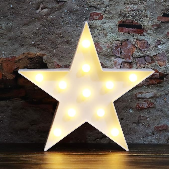 LED Marquee Star Sign Night Light, Battery Operated Star Shaped Desk Table Lamp for Kids, Baby, Child, Girl Gift, Nursery Room, Wall Decor (White)