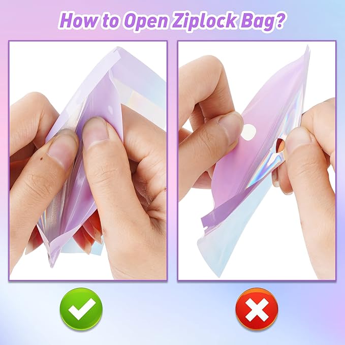 Funfery 100 Pack Holographic Bags,Mylar Resealable Bags with Zipper,Clear Window Packaging Pouch,Plastic Foil Bag for Food Storage,Sample Jewelry Baggies(4×6in,Purple Blue)
