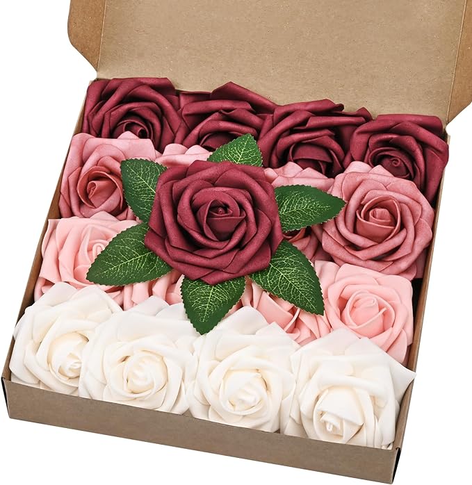 BLEUM CADE 16Pcs Artificial Flowers Fake Roses with Stems, Gradient Burgundy Boxed Foam Roses for DIY Bouquets Centerpieces Wedding Party Arrangement Bridal Shower Decor