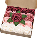 BLEUM CADE 16Pcs Artificial Flowers Fake Roses with Stems, Gradient Burgundy Boxed Foam Roses for DIY Bouquets Centerpieces Wedding Party Arrangement Bridal Shower Decor