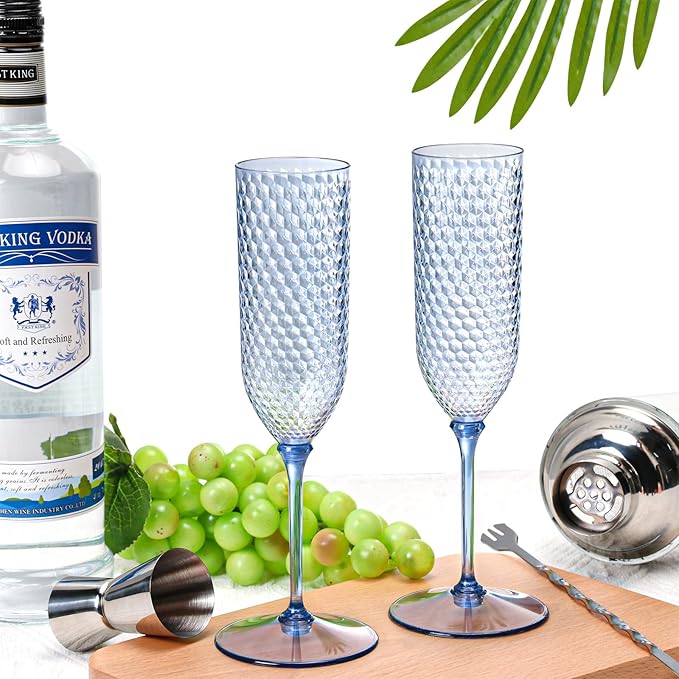 XUWAIDSGN 100 Pack Blue Detachable 2 piece Champagne Flutes 5.5 Oz Unbreakable Plastic Mimosa Disposable Champagne Glasses Drinking Cups Stemmed Reusable Wine Toasting Glasses for Wedding