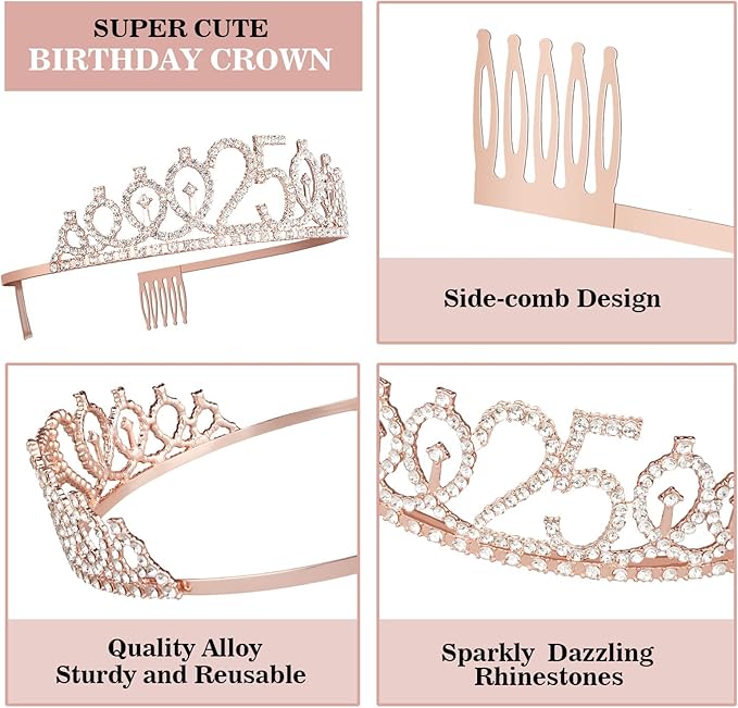 25th Birthday Decorations for Women Including Sash, Tiara/Crown, Numeral Candles and Cake Topper, 25th Birthday Gifts for Women, Rose Gold Party Favor Supplies