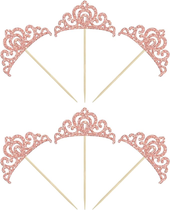 Gyufise 24Pcs Rose Gold Princess Crown Cupcake Toppers Glitter Princess Cake Pick Decorations for Wedding Girl Birthday Baby Shower Party Decorations