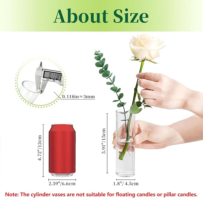Hewory Cylinder Glass Bud Vases: Set of 12 Small Clear Skinny Single Flower Vase for Centerpieces - Minimalist Bulk Vases for Wedding Birthday Bridal Shower Party Events Table Decor, 5.91"(H)×1.8"(D)