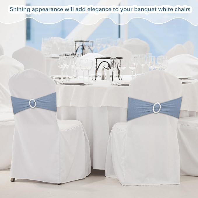 CHENGU 150 Pieces Spandex Stretch Chair Sashes Bows Elastic Chair Cover Bands Ties with Buckle Slider for Wedding Party Reception Events Universal Ceremony Banquet Decorations(Dusty Blue)
