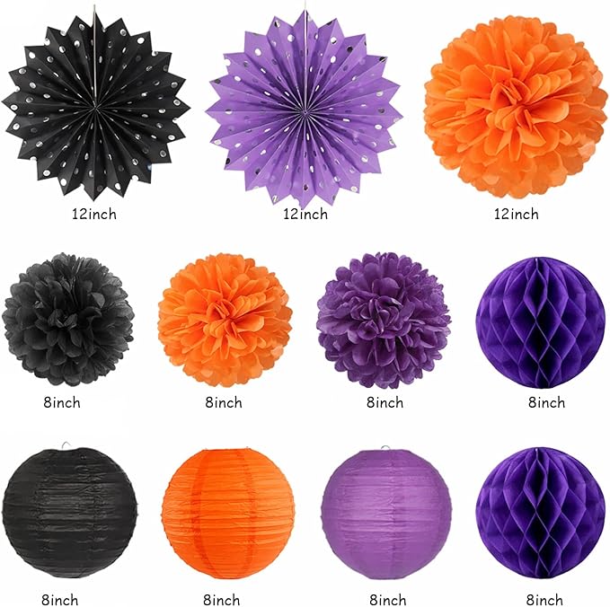 Black-Purple Orange Happy-Halloween Party-Decorations - 21pcs Birthday Banner,Paper Lanterns Honeycomb,Tissue Pom Poms Flower Fan,Kids Classroom Hanging Streamers Garland Decor Supplies Huglony