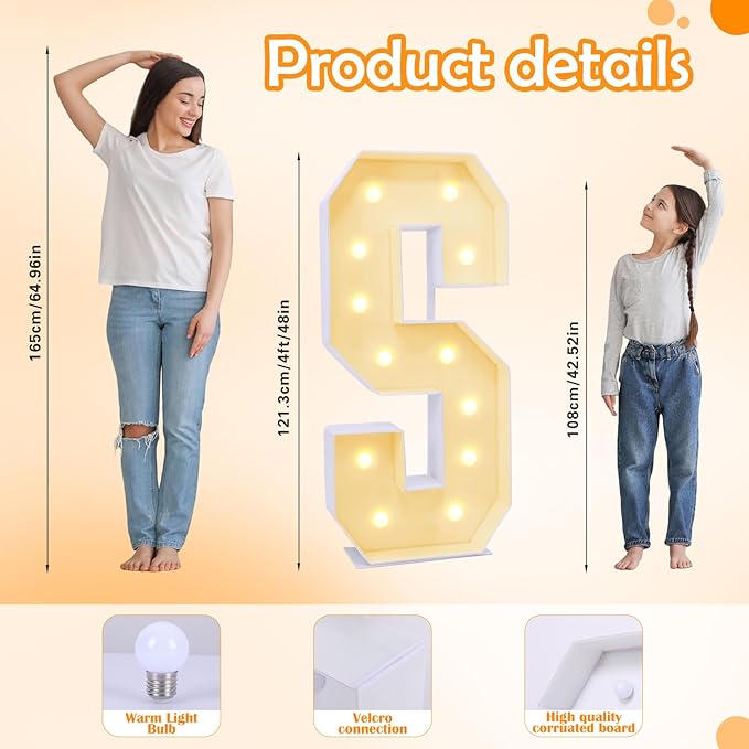 4ft Marquee Light-Up Letter S, Large Light Up Letters, Multifunctional Party Decoration, 4 Feet Tall