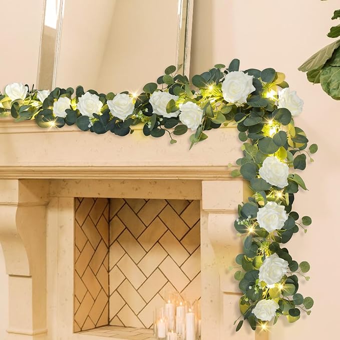 MACTING 2 Pack 13.2FT Eucalyptus Garland with Lights - Spring Gypsophila Flower Garland with 24 White Roses Artificial Floral Greenery Vine for Arch Table Centerpieces Backdrop Party Wedding Decor
