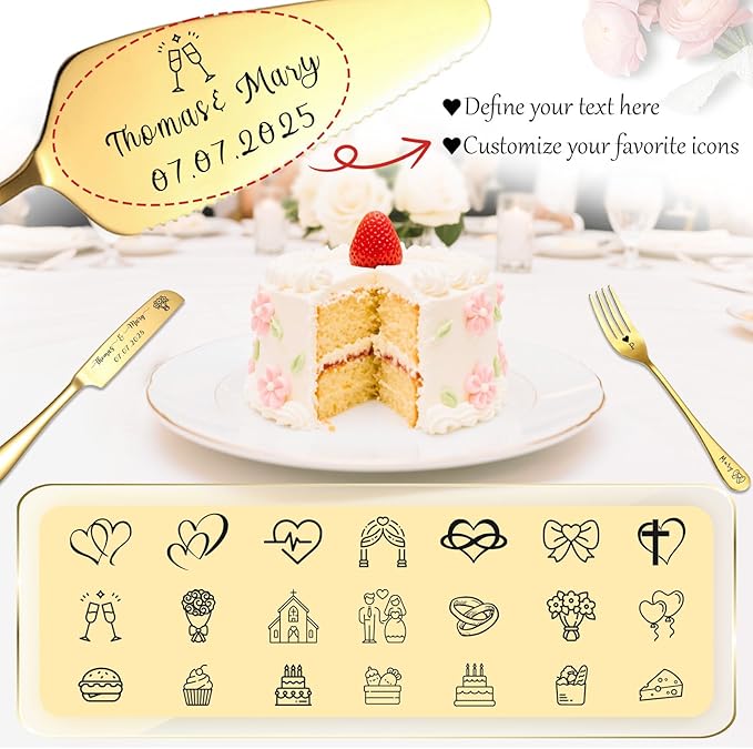 Custom Wedding Cake Knife and Server Set Personalized Cake Cutter with Engraved Text Bridal Cake Cutting Set with Gift Box for Weddings Anniversary Birthday (Gold - with fork)