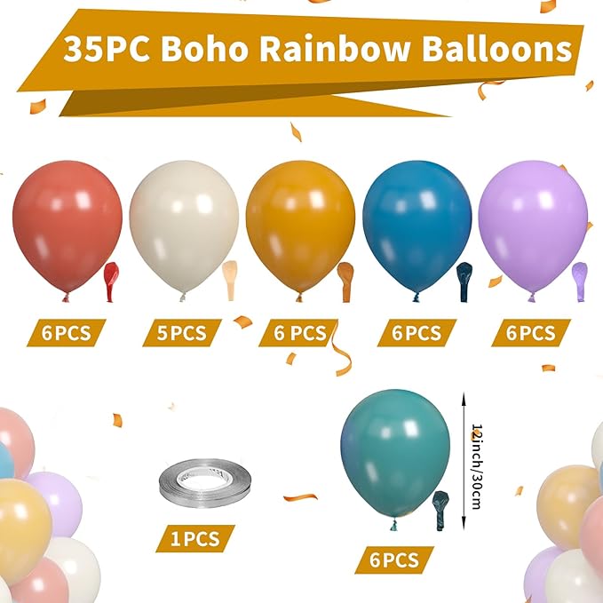 Boho Rainbow Balloons, Boho Rainbow Colorful Balloon, Retro Ivory White Yellow Orange Blue Purple Balloons for Girls Woman Boys Boho Birthday Baby Shower Bridal Shower Wedding DIY Party Decorations