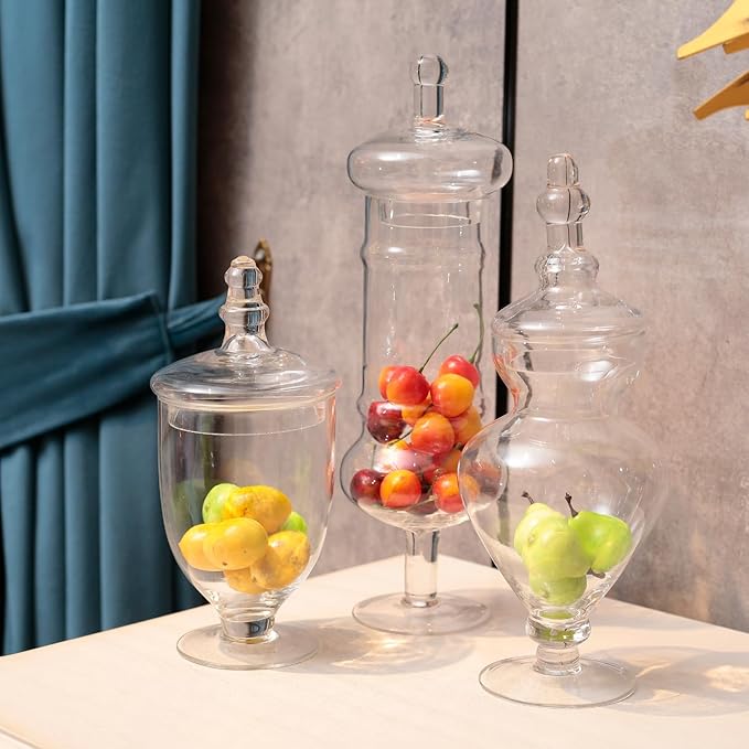 Set of 3 Apothecary Jar Glass Decorative Candy Jars Elegant Storage Candy Buffet Display, Wedding Candy Organizer Canisters (H: 9", 12.5", 14"; 20 FL.OZ, 23 FL.OZ and 28 FL.OZ)