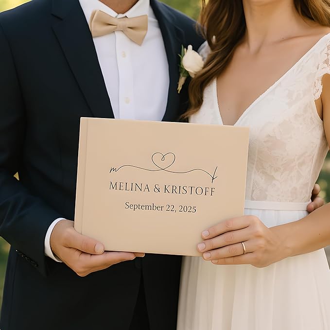 Wedding Guest Book – Personalized Polaroid Guest Book for Wedding Reception, Custom Sign In Photo Book with Blank Pages, Elegant Keepsake for Guests (Beige Minimal)