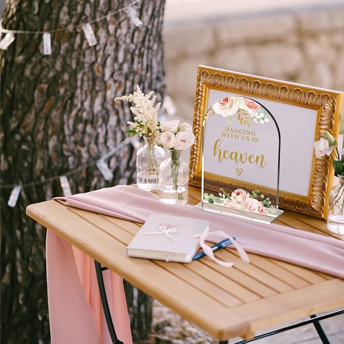 Acrylic Wedding Signs, Bridal Shower Decorations, Modern Calligraphy Arch Acrylic Table Top Sign for Wedding Reception and Engagement Parties - Dancing With Us in Heaven (Clear Pink Flowers)