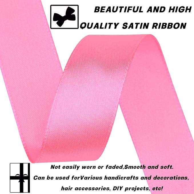 Pink Ribbon 7/8 Inch 60 Yards Satin Craft Ribbon - Polyester, Multiple Occasions, Solid Color, 60 Yards