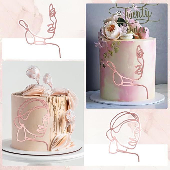 12 Pcs Acrylic Lady Face Cake Topper Minimalist Art Happy Birthday Cake Toppers Women Wedding Cake Decoration for Wedding Birthday Party (Rose gold)