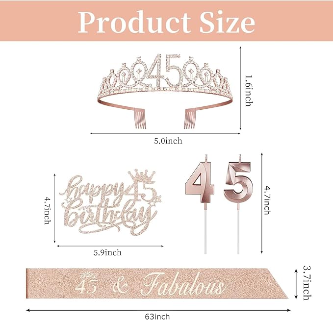 45 Birthday Decorations for Women Including Birthday Sash and Tiara, Cake Topper and Candles, 45 Year Old Gifts for Women, Rose Gold Party Decor Supplies