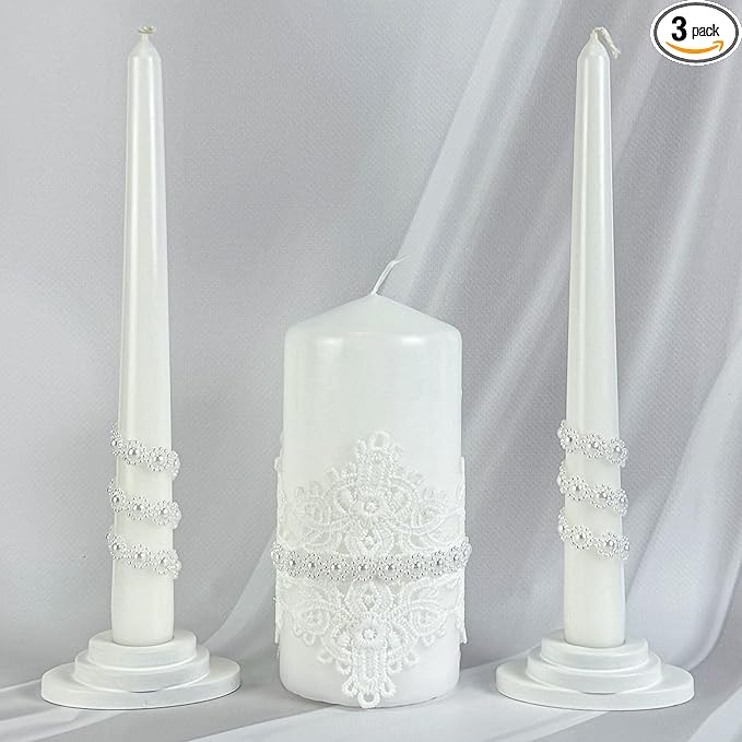 Unity Candle Set - Wedding Ceremony & Reception – 6” Pillar & Two 10” Taper Candles – Long Burning Unity Candles for Marriage Ritual – Handmade in USA – White | Lace
