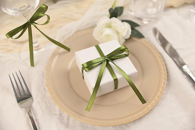 Olive Green Satin Ribbon 1/4 inch X Continuous 50 Yards, Single Face Polyester Ribbon Perfect for Gift Wrapping, Flower Bouquet, Wedding Decor, Crafts, Bow Making, Sewing and More
