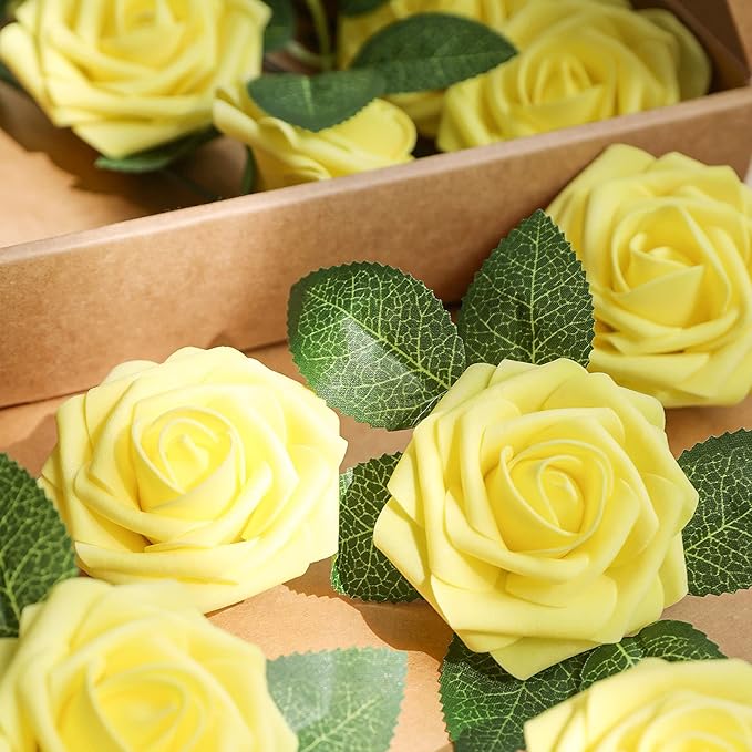 AmyHomie Artificial Flower Yellow Rose 25pcs Real Looking Fake Roses w/Stem for DIY Wedding Bouquets Centerpieces Arrangements Party Baby Shower Home Decorations