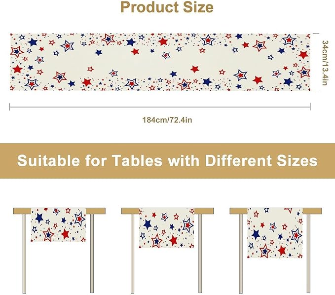 4th of July Table Runner, American Stars Patriotic Independence Day Table Runner for Indoor Outdoor Party Home Kitchen Dining Table Decor, Blue Red, 13x60inch