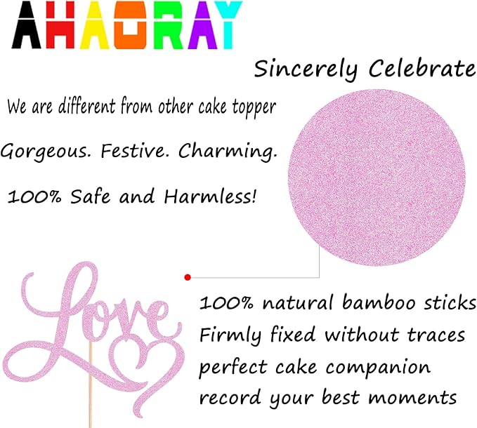 Love Cake Topper - Pink Glitter Paper Wedding Cake Decoration Supplies, Perfect for Bridal Shower/Engagement/Anniversary/Birthday Party