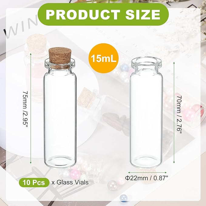 uxcell 10Pcs Mini Glass Bottles with Cork Stoppers, 15ml Small Clear Bottles Glass Empty Jars Vials for DIY Crafts Party Wedding Decor Favors