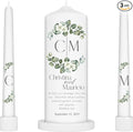 Unity Candles for Wedding, Modern Unity Set, Custom and Personalized Pillar and Taper Candles with Bible Quote, Unscented White Premium Wax, Religious and Wedding Ceremony, Special Events (Greenie)