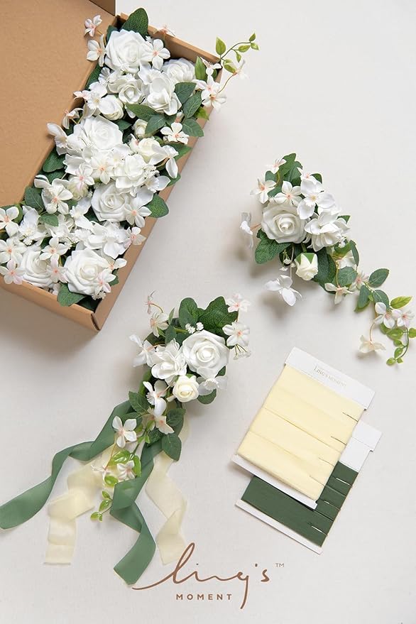 Ling's moment 8pcs Wedding Artificial Aisle Pew Flowers Chair Decorations White & Sage Green Arrangements with Chiffon Ribbons for Ceremony Chair Back Floral Reception Church Party Outdoor