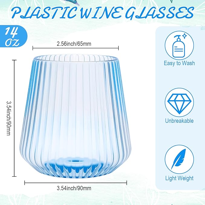 Suclain 50 Pcs Plastic Wine Glasses Ribbed Stemless Wine Glasses 14oz Vertical Design Unbreakable Cups for Outdoor Indoor Vintage Elegant Champagne Whiskey Glasses for Christmas Party Wedding (Blue)