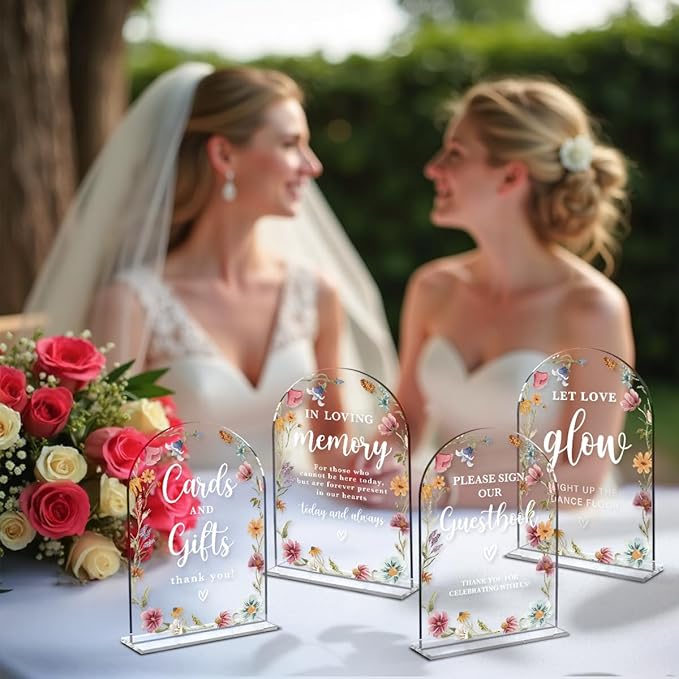 4 Pcs Acrylic Wedding Signs for Reception, Bridal Shower Decorations, Cards and Gifts Signs, Guest Book Sign, Arch Acrylic Table Top Sign with Holder for Wedding Reception (Clear Wildflowers)