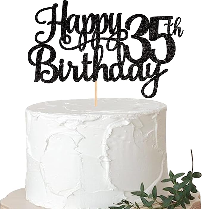 1 PCS Happy 35th Birthday Cake Topper Glitter Cheers to 35 Years Birthday Cake Pick 35 Fabulous Cake Decoration for Happy 35th Birthday Theme Party Decorations Supplies Black