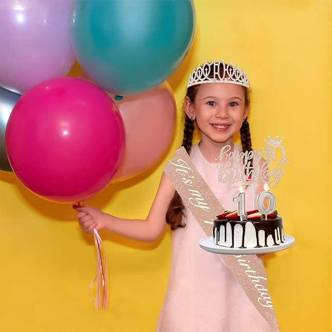 10th Birthday Decorations for Girls, Including Sash, Crown/Tiara, Candles, Cake Topper. 10th Birthday Gifts for Girls, Rose Gold Party Decor Supplies
