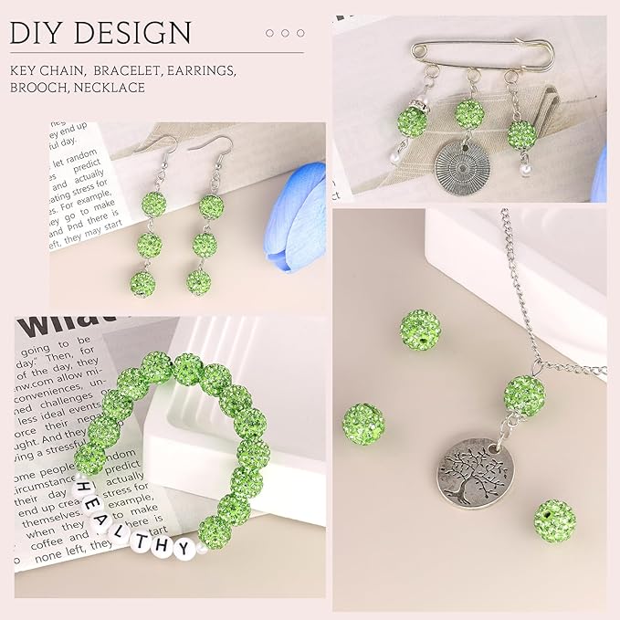 100 pcs 10mm Rhinestone Beads for Jewelry Making, Light Green Shiny Round Shamballa Disco Beads Bulk, Sparkle Crystal Clay Christmas for Bracelet Baseball Necklace Earring Crafting and DIY