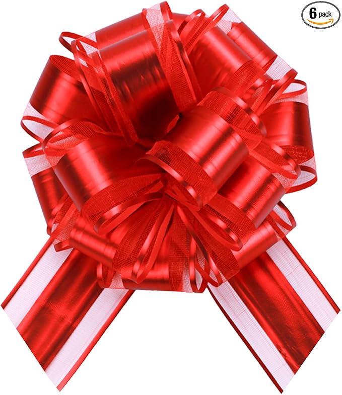 6 PCS 6 Inch Organza Red Pull Bows - Perfect for Gift Wrapping, Wedding Decor, Car Bows, Birthday Parties, Christmas, and Valentine's Day