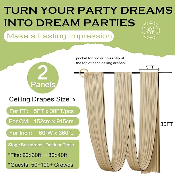 PartyVillage 2 Panels 5ftx30ft Beige Ceiling Drapes for Wedding Parties – 30 FT Extra Long Thick Polyester Wrinkle-Free Drapery Tent Decor Decorations for Birthday Party Ceremony Stage Swag