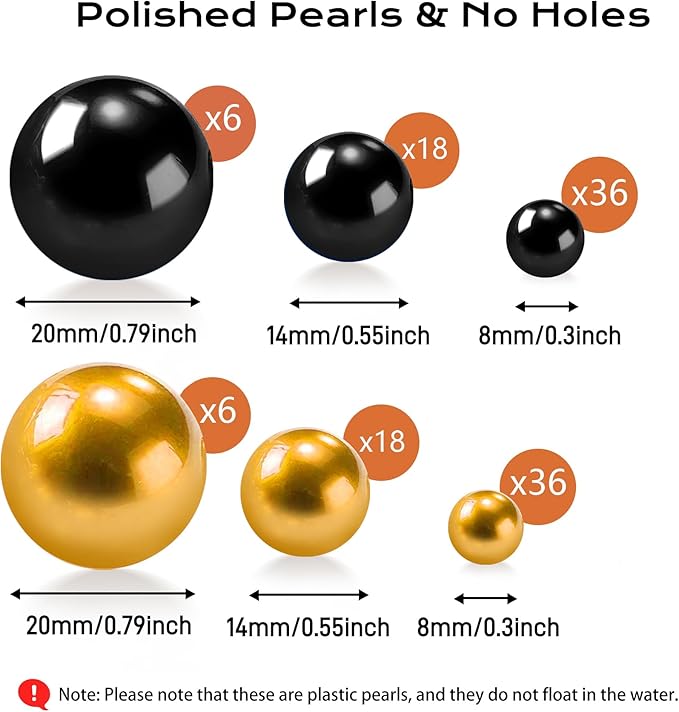 120 PCS 8/14/20mm No Hole Polish Pearl Beads for Centerpiece, Black Gold Beads Decorative Vase Fillers, Plastics Pearls for Vases, Table Scatters, Wedding Party Decor