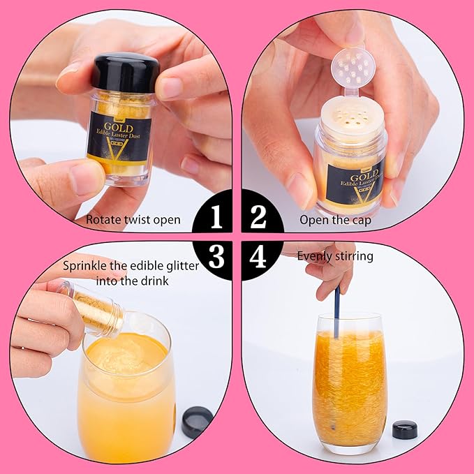 Edible Glitter - 4 Colors 5g / Bottles Luster Dust Edible Glimmer Powder for Sparkling Drinks, Foods, Wine, Cake, Beverage - Food Grade Shimmer Dust Powder for Cocktails, Baking, Halloween Decoration