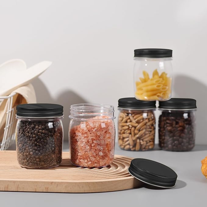 novelinks 8 oz Clear Plastic Jars with Screw-On Lids - BPA-Free Refillable Storage Containers for Slime, Spices, Crafts, Kitchen & Home Organization (48 Pack,Black)