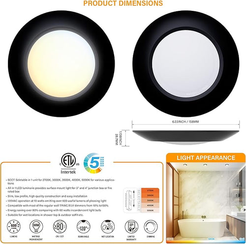 10 Packs 4 Inch Black LED Low Profile Recessed & Surface Mount Disk Light, Round, 10W, 600 Lumens, 5CCT Field Selectable, CRI80, DOB Design, Dimmable, ETL Listed