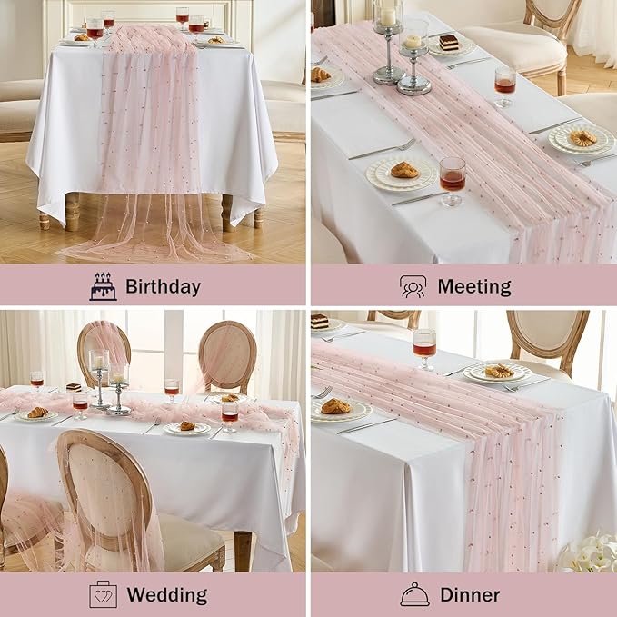 Fanami 6 Pack Pearl Table Runner -10FT Dusty Pink Boho Tulle Table Runners 120 Inches Long Rustic Sheer Lace Fabric Centerpieces for Wedding Arch Birthday Party Bridal Veil Baby Shower Decorations