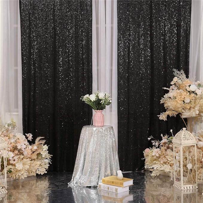 Eternal Beauty Black Sequin Backdrop Curtains, Halloween Shimmer Back Drop 2Panels-2FTx8FT for Christmas, Party, Birthday, Photography, Wedding, Baby Shower Event Decoration